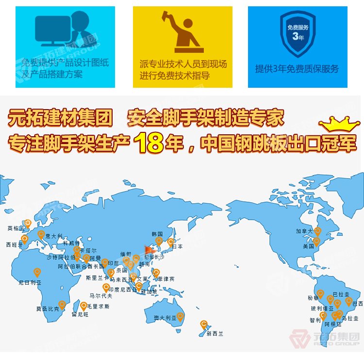 元拓建材集團(tuán)，安全腳手架制造專家！專注腳手架生

產(chǎn)18年，中國(guó)鋼跳板出口冠軍！